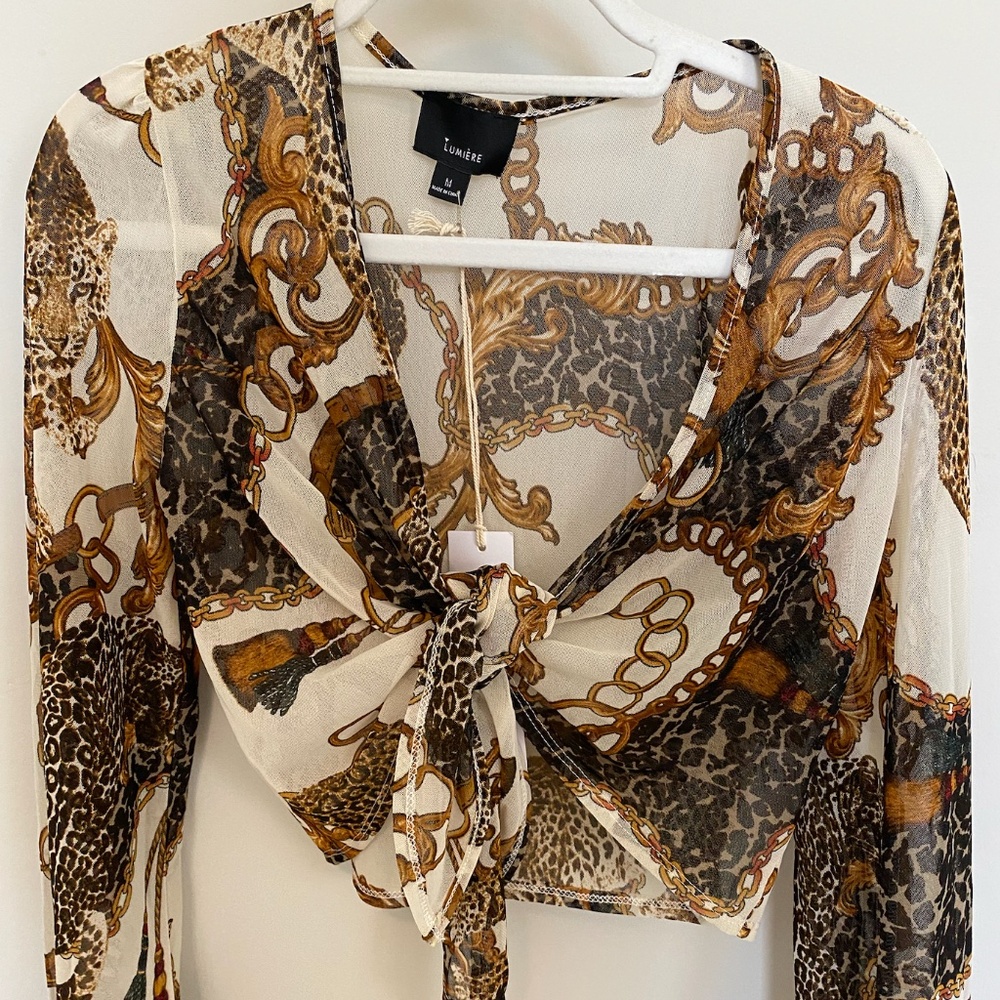 Lumiere Cheetah Print Mesh Top with Tie Front, White Mesh Top, Cheetah Crop Top